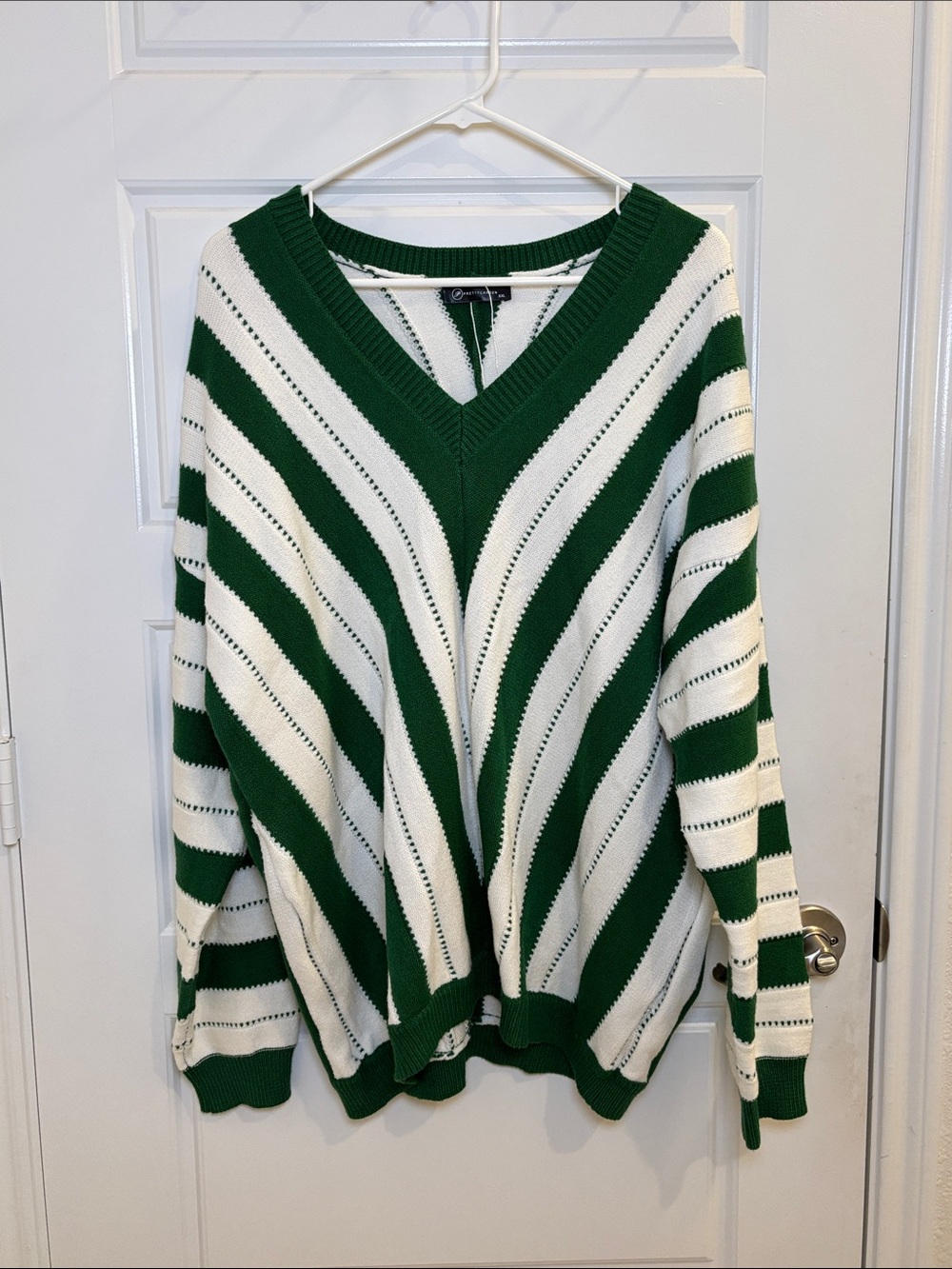PrettyGarden XXL Green Cream Striped Oversized V Neck Sweater